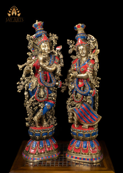 29" Brass Radha Krishna with Coral Inlay Bead Work Exquisite Details