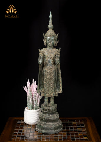 26" Antique Khmer Style Bronze Buddha in Abhaya Mudra Wearing a Tall Crown and a Long Robe