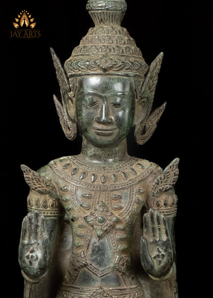 26" Antique Khmer Style Bronze Buddha in Abhaya Mudra Wearing a Tall Crown and a Long Robe