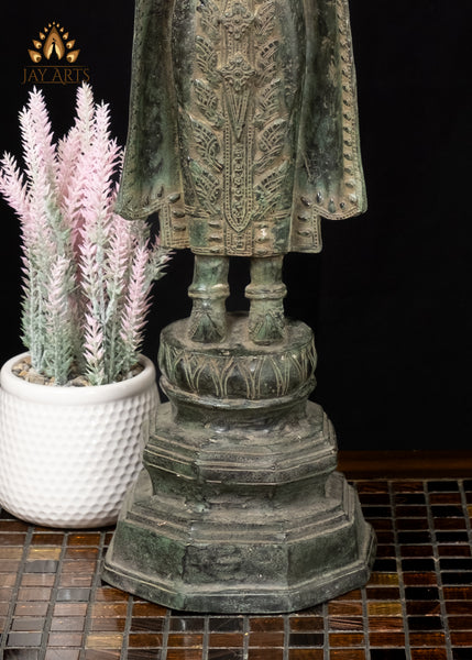 26" Antique Khmer Style Bronze Buddha in Abhaya Mudra Wearing a Tall Crown and a Long Robe