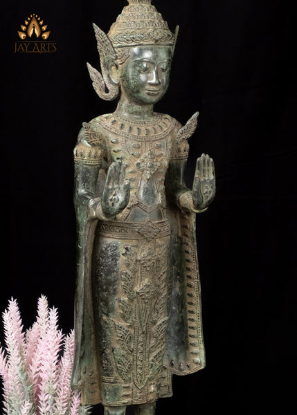 26" Antique Khmer Style Bronze Buddha in Abhaya Mudra Wearing a Tall Crown and a Long Robe