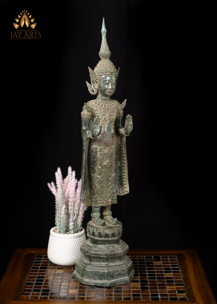 26" Antique Khmer Style Bronze Buddha in Abhaya Mudra Wearing a Tall Crown and a Long Robe