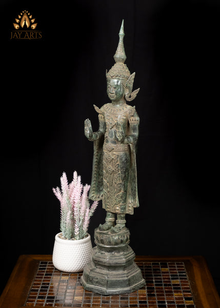 26" Antique Khmer Style Bronze Buddha in Abhaya Mudra Wearing a Tall Crown and a Long Robe