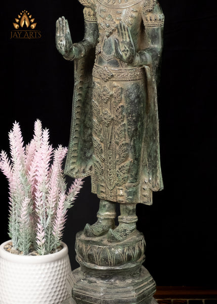 26" Antique Khmer Style Bronze Buddha in Abhaya Mudra Wearing a Tall Crown and a Long Robe