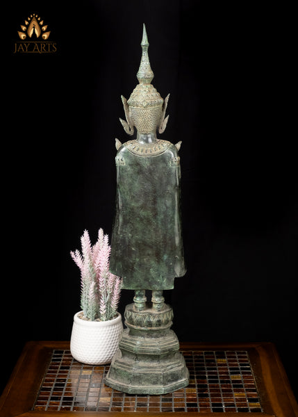 26" Antique Khmer Style Bronze Buddha in Abhaya Mudra Wearing a Tall Crown and a Long Robe