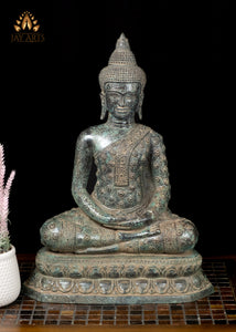 18” Cambodian Buddha in Dhyana Mudra Seated on a Lotus Wearing a Robe with Floral Motifs