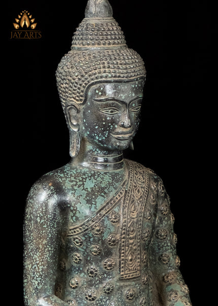 18” Cambodian Buddha in Dhyana Mudra Seated on a Lotus Wearing a Robe with Floral Motifs