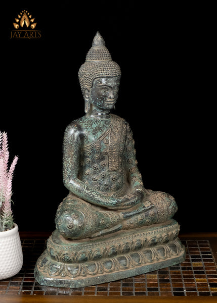 18” Cambodian Buddha in Dhyana Mudra Seated on a Lotus Wearing a Robe with Floral Motifs