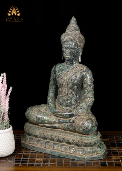 18” Cambodian Buddha in Dhyana Mudra Seated on a Lotus Wearing a Robe with Floral Motifs