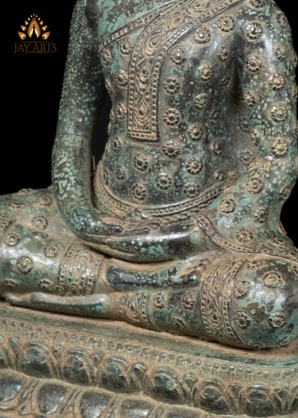 18” Cambodian Buddha in Dhyana Mudra Seated on a Lotus Wearing a Robe with Floral Motifs