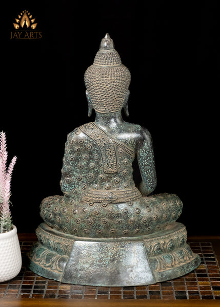 18” Cambodian Buddha in Dhyana Mudra Seated on a Lotus Wearing a Robe with Floral Motifs