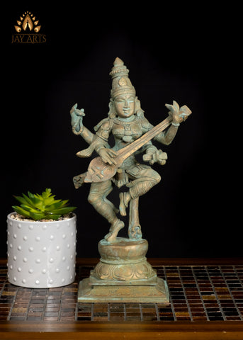 13" Dancing Saraswathi Bronze Statue from South India Hindu Goddess of Wisdom