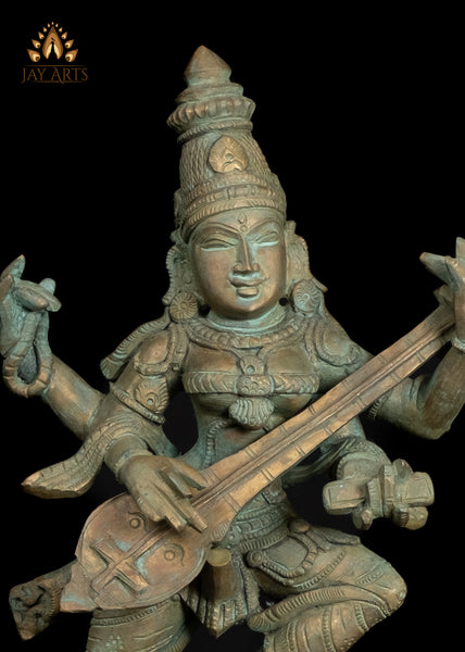 13" Dancing Saraswathi Bronze Statue from South India Hindu Goddess of Wisdom