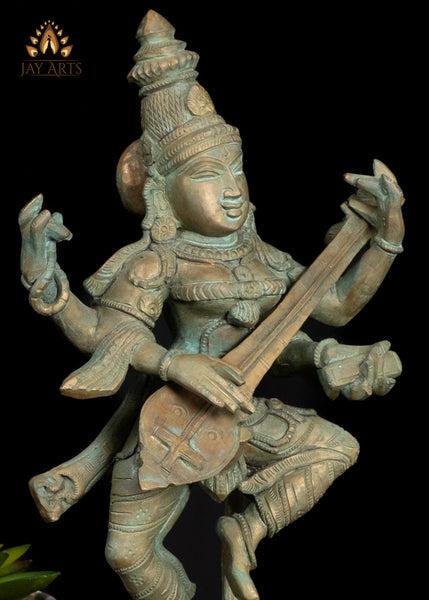 13" Dancing Saraswathi Bronze Statue from South India Hindu Goddess of Wisdom