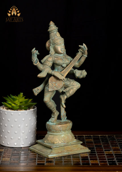 13" Dancing Saraswathi Bronze Statue from South India Hindu Goddess of Wisdom