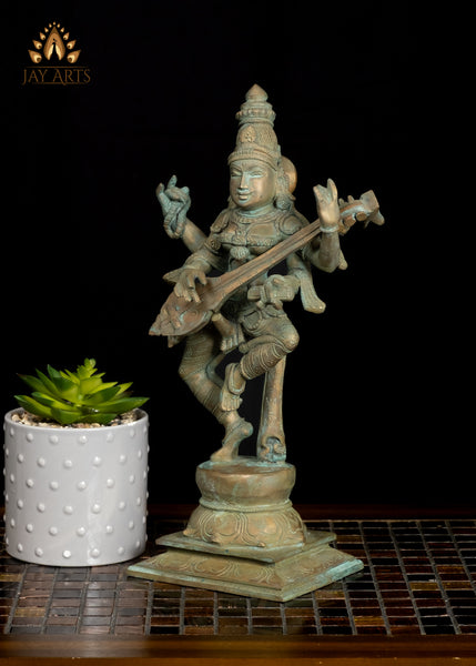 13" Dancing Saraswathi Bronze Statue from South India Hindu Goddess of Wisdom