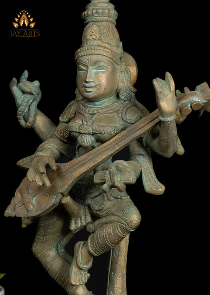 13" Dancing Saraswathi Bronze Statue from South India Hindu Goddess of Wisdom