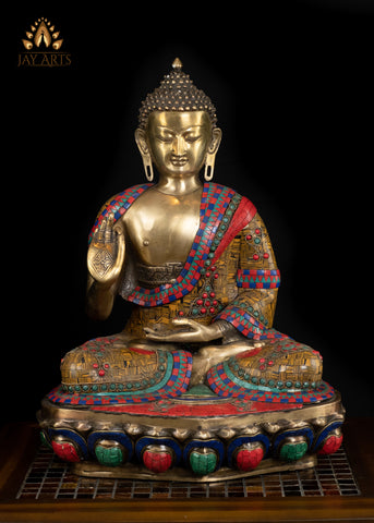 19" Buddha in Vitarka Mudra Seated on a Lotus Pedestal - Brass Buddha Statue