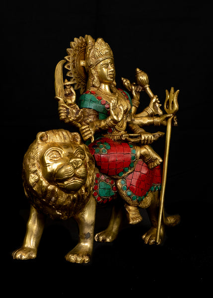 Maa Durga Devi 10" Brass Statue with Inlay Design