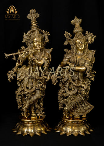 Lord Krishna and Goddess Radha Standing on Lotus Pedestals