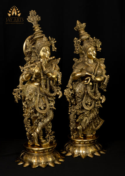 Lord Krishna and Goddess Radha Standing on Lotus Pedestals