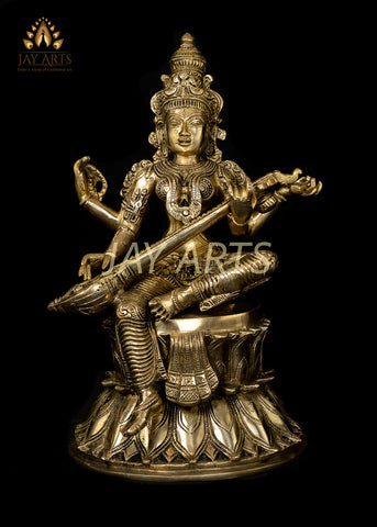 Goddess Saraswathi seated on Double Lotus Pedestal 14"