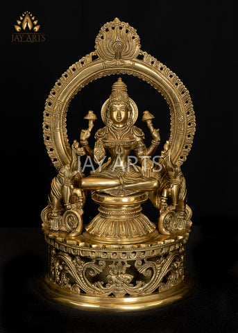 Goddess Lakshmi Seated on a Prabhavali Throne Flanked by Elephants 14" - Brass Statue