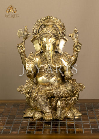 Lord Ganapathi seated on a Lotus 12" Brass Statue